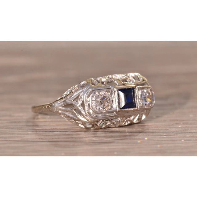Metal The Kangaroo Island: Antique Platinum Filigree Ring set with Sapphire and Diamonds For Sale - Image 7 of 10