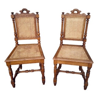 Victorian French Oak Caned Dining Chairs, 1920s, Set of 2 For Sale