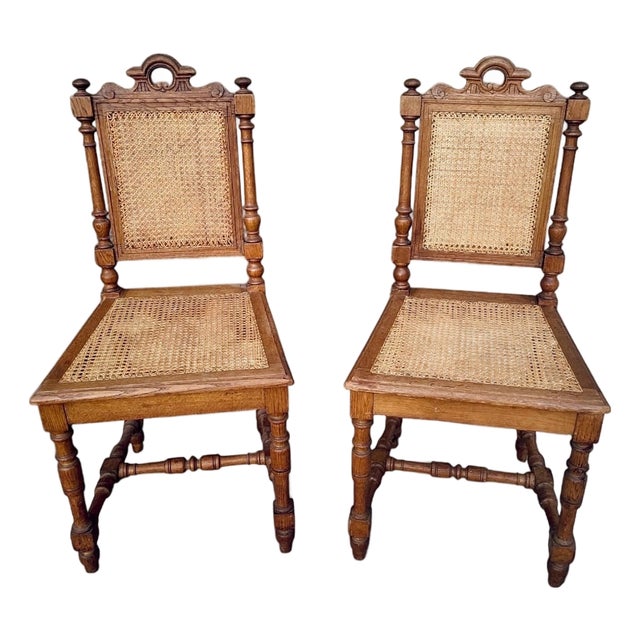 Victorian French Oak Caned Dining Chairs, 1920s, Set of 2 For Sale