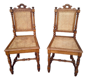 Victorian French Oak Caned Dining Chairs, 1920s, Set of 2