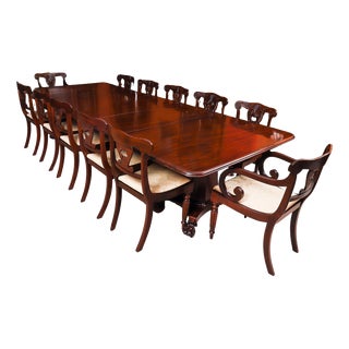 Antique 19th Century George IV Regency Twin Pedestal Dining Table & Chairs, Set of 13 For Sale