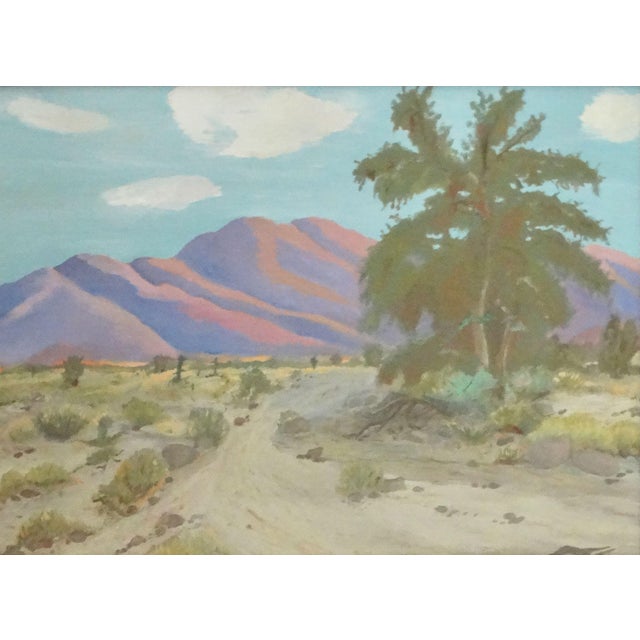 California impressionist plein air desert landscape oil on canvas panel. It depicts a lovely desert scene with mountains...