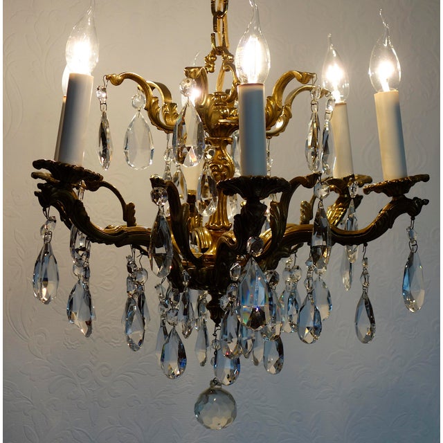 Palwa Brass Lead Crystal Six Liight Chandelier 6 Lights from Palwa, 1960s For Sale - Image 11 of 15