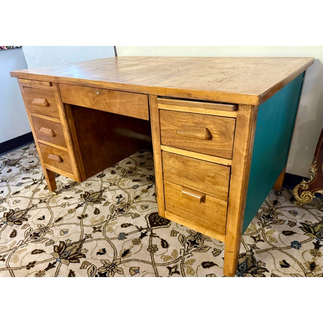 1940s Vintage Solid Oak Pedestal Desk With Drawers For Sale - Image 5 of 11
