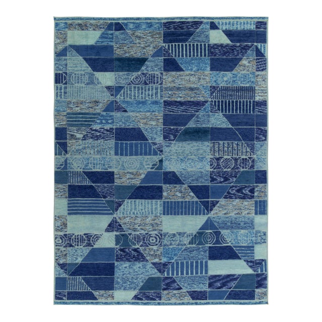 Scandinavian pile rug in Blue & Beige Geometric Pattern by Rug & Kilim - 9x12 For Sale