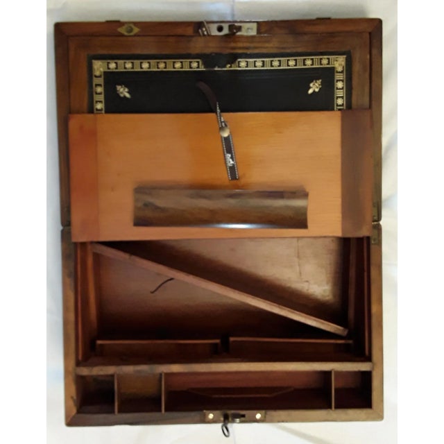 Metal Ancient English Walnut and Brass Intarsia Desk Box with Secret Compartment For Sale - Image 7 of 12