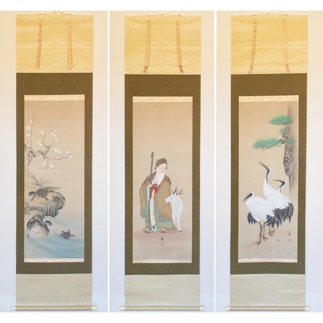 Showa to Early Heisei Era Japanese Silk Scroll Paintings by Jin, Set of 3 in Original Case For Sale - Image 15 of 18