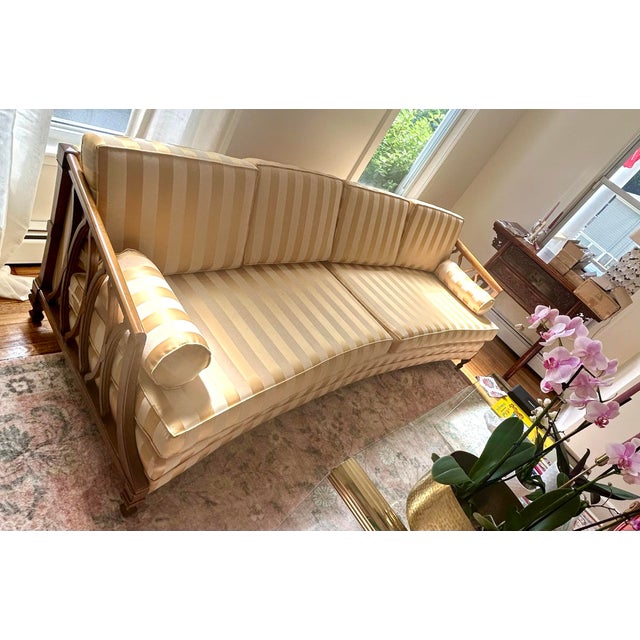 Mid-Century Modern 1950s Custom Made Mid-Century Modern Satin Upholstered Curved Sofa For Sale - Image 3 of 9