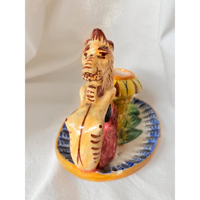 Yellow Vintage Mid-Century Modern, 1950s Italian Majolica Griffin Chambersticks, Hand-Painted Ceramic Pair For Sale - Image 8 of 16