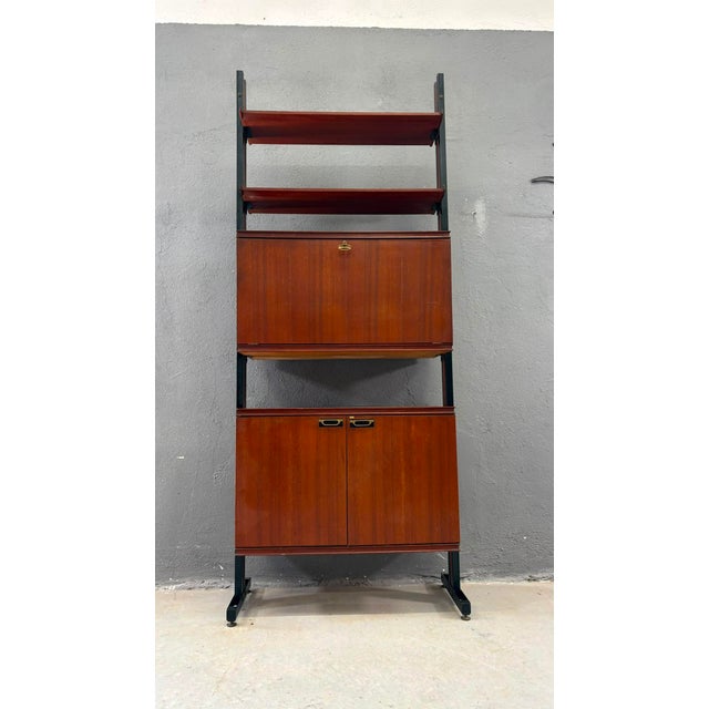 Mid-Century Modern Modular Wall Unit in Veneer and Black Metal Shelving Cabinet, Europe, 1960s For Sale - Image 4 of 14