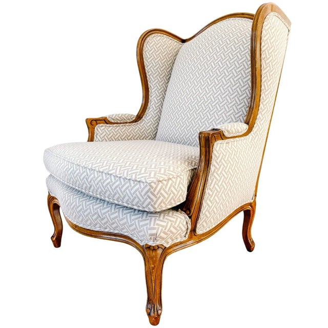 French Provincial Wingback Chairs With Geometric Upholstery Attributed to Baker - A Pair For Sale - Image 10 of 18