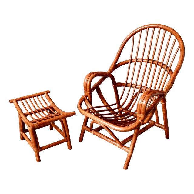 Set of Rattan Armchair with Ottoman, 1970s For Sale