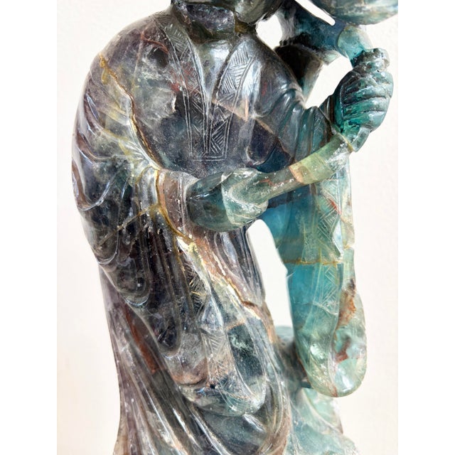 Chinese Antique Chinese Qing Dynasty 8.4lb Rainbow Fluorite Carved Lady Figure W/ Stand For Sale - Image 3 of 12