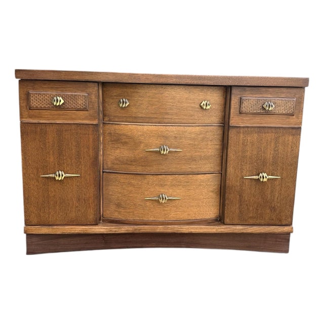 Vintage Stanley Bow-Front MCM Credenza Sideboard, Refinished, 48" For Sale