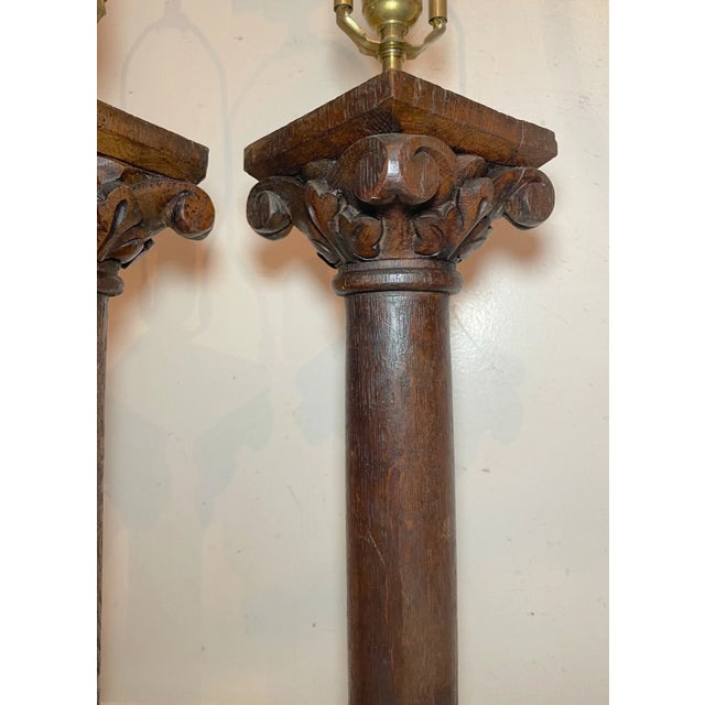 Folk Art Pair of Antique 1800's Carved Wood Figural Sculpture Architectural Salvage Lamps For Sale - Image 3 of 12