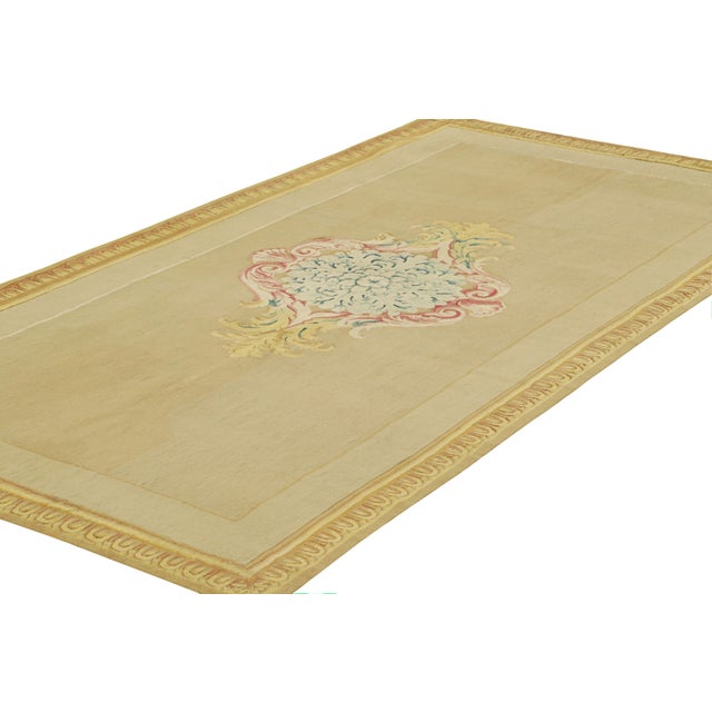 Rug & Kilim Antique Aubusson Runner Rug in Gold With Floral Medallion | Rug & Kilim For Sale - Image 4 of 7