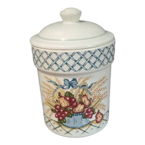 Vintage Country Hand Painted Fruit Basket Ceramic Canister, Made in the Usa