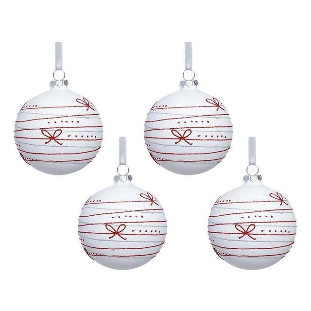 Matte Glass Holiday Ball Ornaments with Red Ribbon Design, Set of 4, 4.75" For Sale