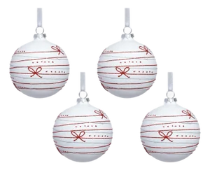 Matte Glass Holiday Ball Ornaments with Red Ribbon Design, Set of 4, 4.75"