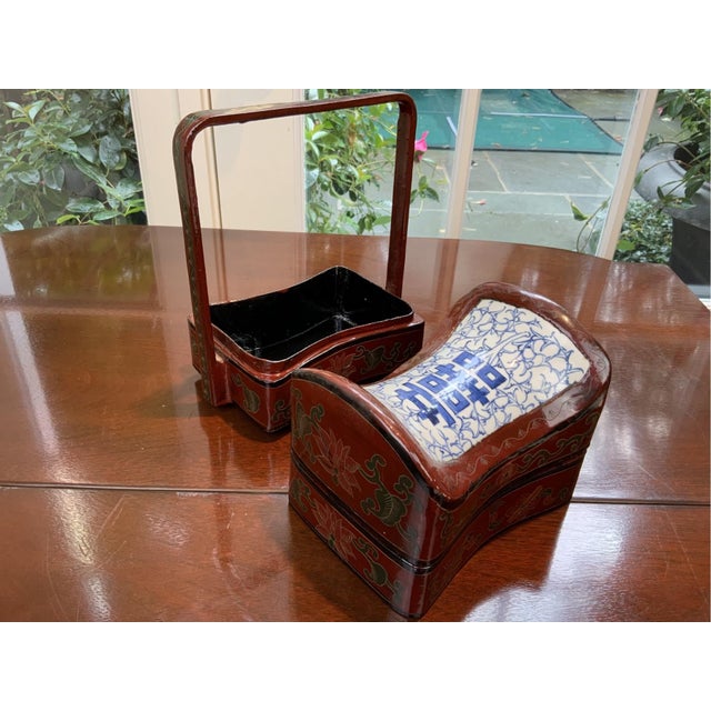19th Century Antique Chinese Lacquered Stacked Lunch Box With Porcelain Inset—A Pair For Sale - Image 5 of 13