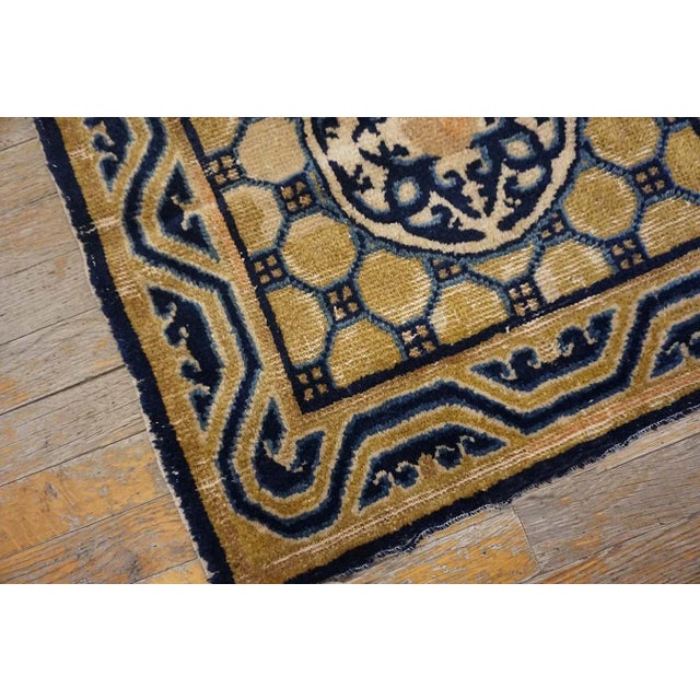 Saffron 1820s Blue Navy Geometric Pair of Antique Chinese Ningxia Rug 2'2" X 2'0" Knotted Pile Wool Carpets For Sale - Image 8 of 11