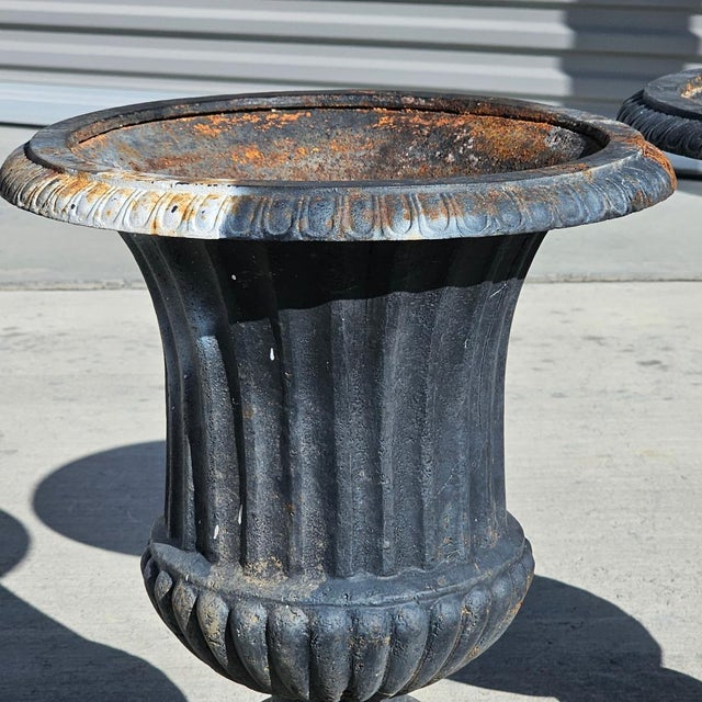 Metal Antique Classical Cast Iron Garden Urn Planters a-Pair For Sale - Image 7 of 18