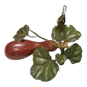 1960s Japanese Eggplant / Gourd & Bird Painted Bronze Okimono / Sculpture Tole