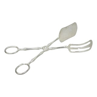 Vintage Silver Plated Faux Bamboo Scissor Style Pastry Cake Serving Tongs For Sale