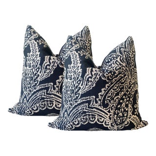 Contemporary Navy Blue Paisley Pillows - a Pair For Sale