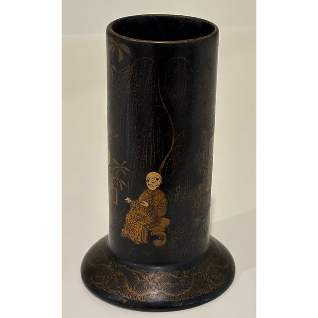 Antique English Papier-Maché Chinoiserie Spill Vase / Brush Holder in Black and Gold For Sale - Image 12 of 18