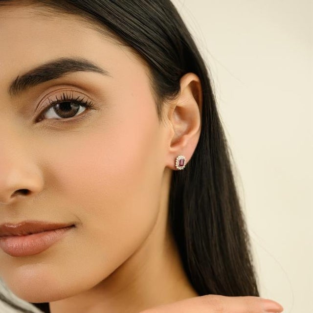 Ruby Red 14k White Gold Solitaire Ruby With Halo Diamonds Stud Earrings- A Pair For Sale - Image 8 of 13