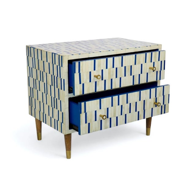 Bone Inlay Bedside Table in Blue & White Geometric Pattern For Sale In New York - Image 6 of 7