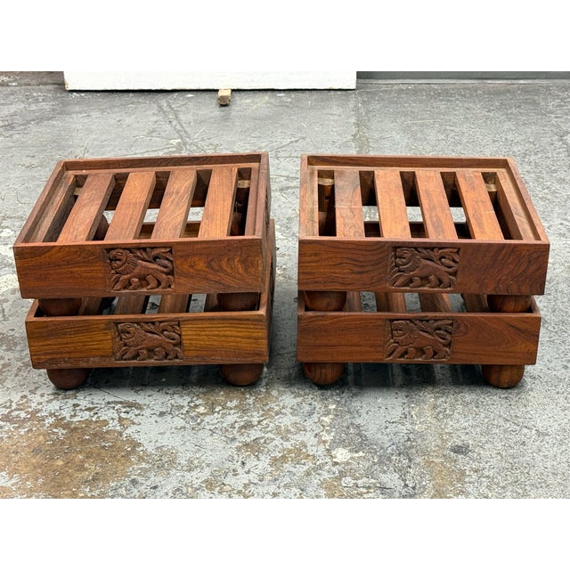 Traditional Vintage Carved Wood Slatted Platform Stands, Set of Four For Sale - Image 3 of 12