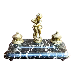 Louis XV Style Gilt Bronze Mounted Black Marble Standish Double Inkwell