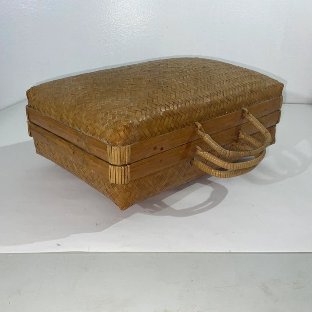 Mid-Century Boho Chic Bamboo Suitcase Style Storage Basket For Sale - Image 9 of 9