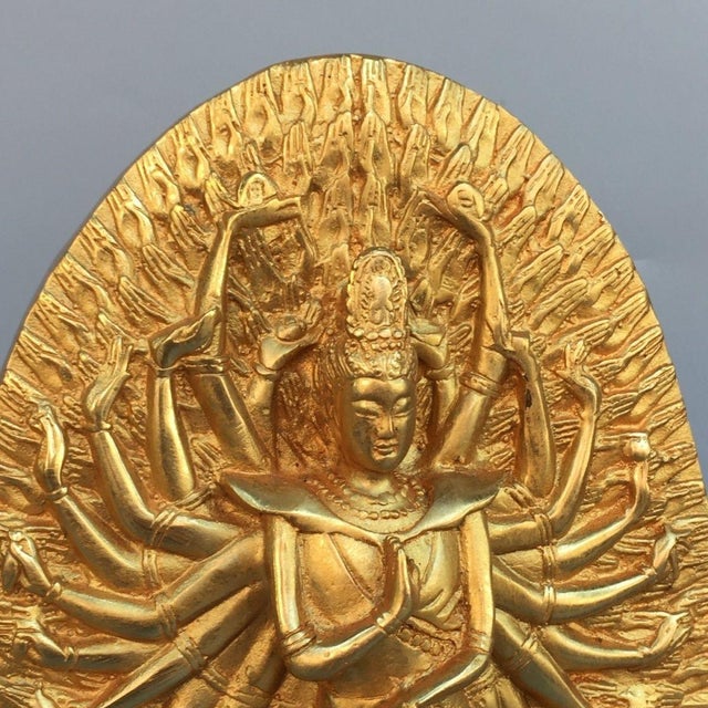 Late 20th Century Gilt Brass Thousand-Armed Avalokiteshvara Sculpture, Standing Lotus Statue For Sale In Los Angeles - Image 6 of 9