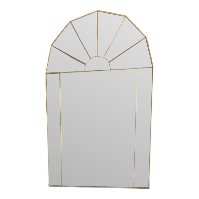 Vintage 1980s Arched Wall Mirror With Beveled Glass Panes and Sunburst Top Design For Sale