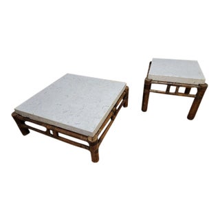 Vintage Budji Layug Style Bamboo and Fossiliferous Stone Coffee & Side Tables For Sale