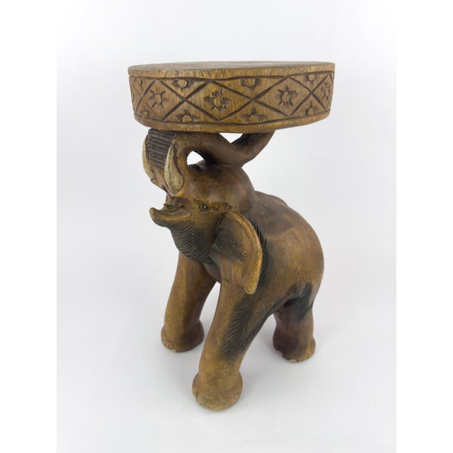 Vintage Thai Hand-Carved Hardwood Elephant Side Table / Sculptural Stool For Sale - Image 10 of 18
