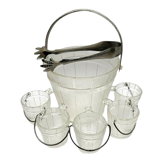 Mid 20th Century Glass Faux Oak Wood Pale Ice Bucket - A Set of 7 For Sale