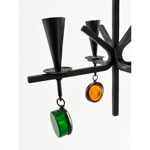 Wrought Iron 4-Arm Candle Chandelier with Green and Amber Glass Pendants by Gunnar Ander for Ystad-Metall, Sweden, 1960s For Sale - Image 6 of 10