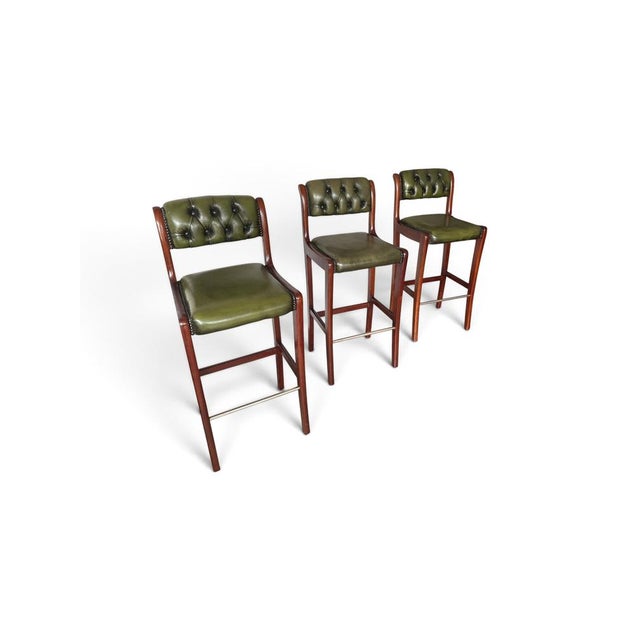 Wood English Chesterfield Bar Stools, Set of 3 For Sale - Image 7 of 7