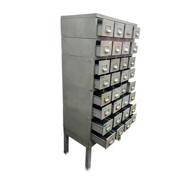 Mid 20th Century Industrial Metal Library Card File 32 Drawers by Watson For Sale - Image 4 of 18