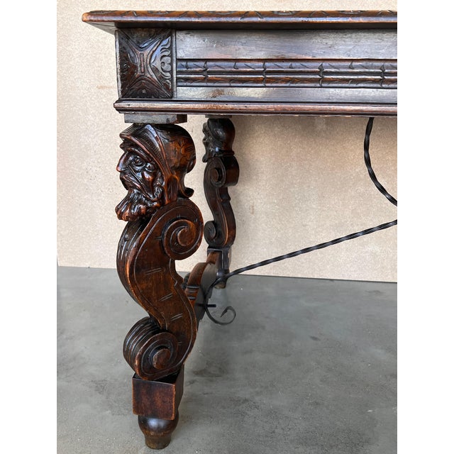 Brown 19th Spanish Carved Gargoyles Walnut Renaissance Library / Writing or Desk Table For Sale - Image 8 of 18