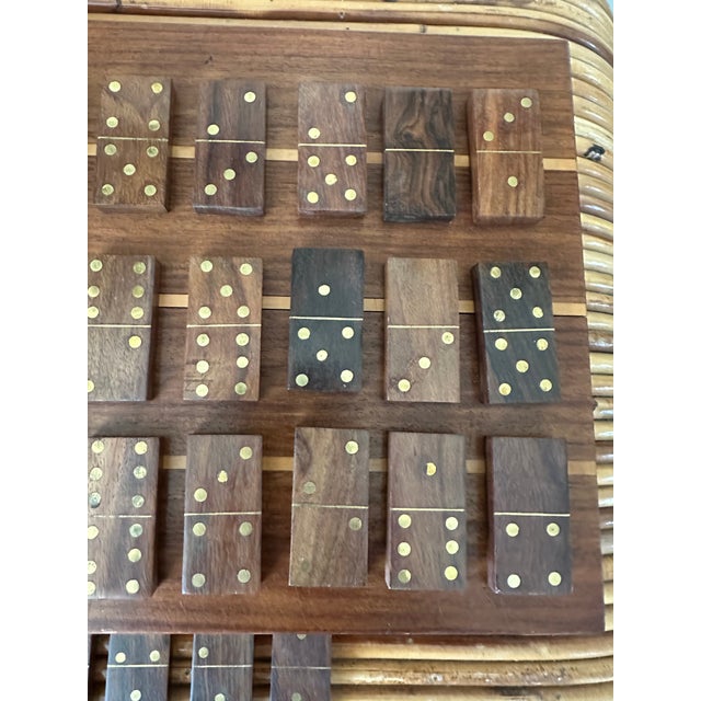 Vintage Mid-Century Inlaid Wood & Brass Tabletop Game Set Backgammon, Chess, Dominoes, Dice , Made in England For Sale - Image 11 of 17