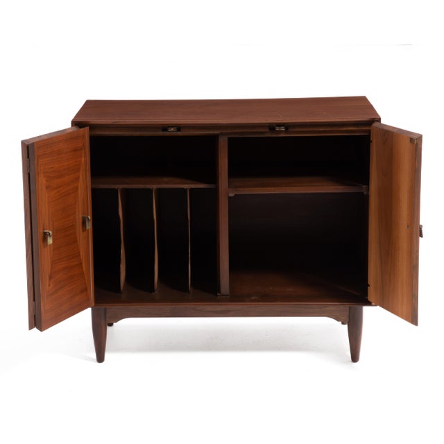 Wood Ramseur Furniture Mid Century Walnut Brass Diamond Front Record Cabinet Credenza Unmarked For Sale - Image 7 of 13
