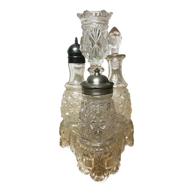Eapg Antique Cut Glass Victorian Condiment Cruet Set- 4 Pieces For Sale
