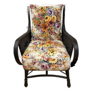 Vintage Rattan Chair With Floral Cushions For Sale