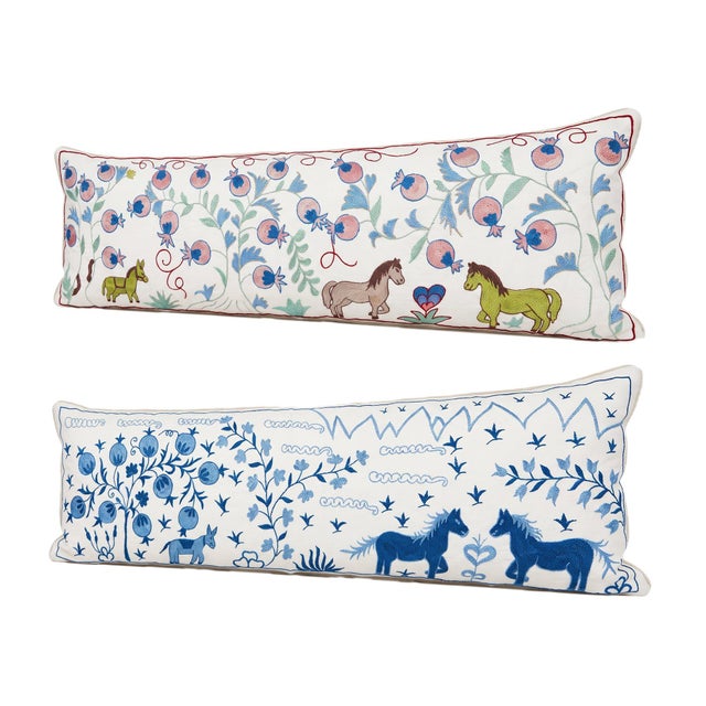 Mid-Century Modern White Horse Suzani Lumbar Pillow Cover 18'' X 54'' - Set of Two For Sale - Image 3 of 4