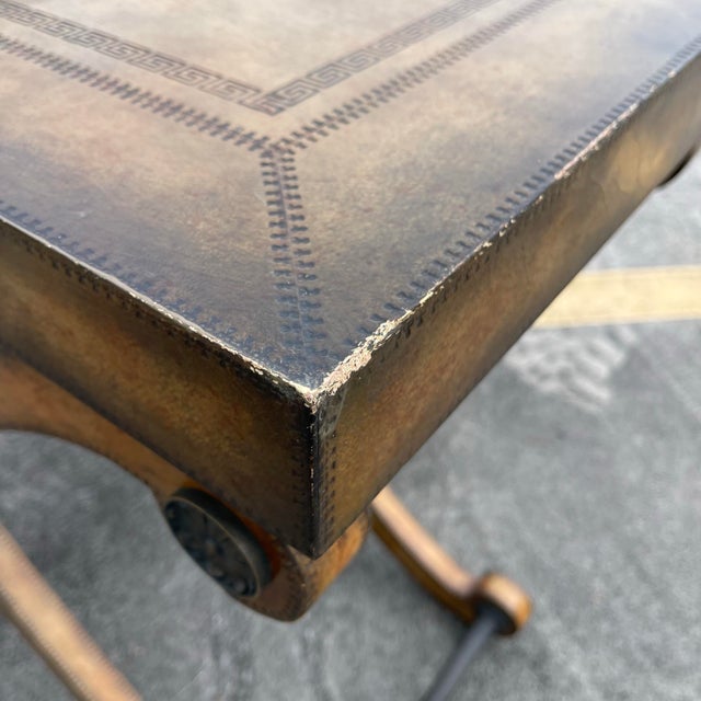 Neoclassical Tooled Leather Greek Key X Base Console Table by Kreiss Collection